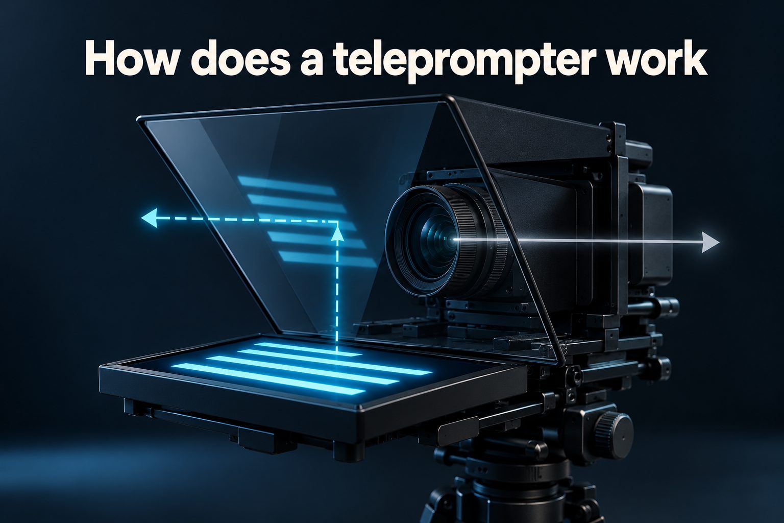 how-does-a-teleprompter-work-e2534 Presenter reading a script reflected on teleprompter glass in front of a camera