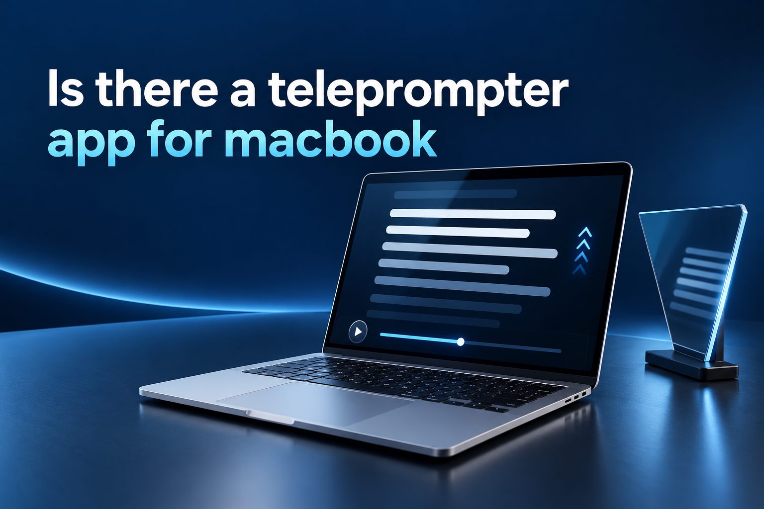 MacBook displaying a teleprompter app with scrolling presentation text